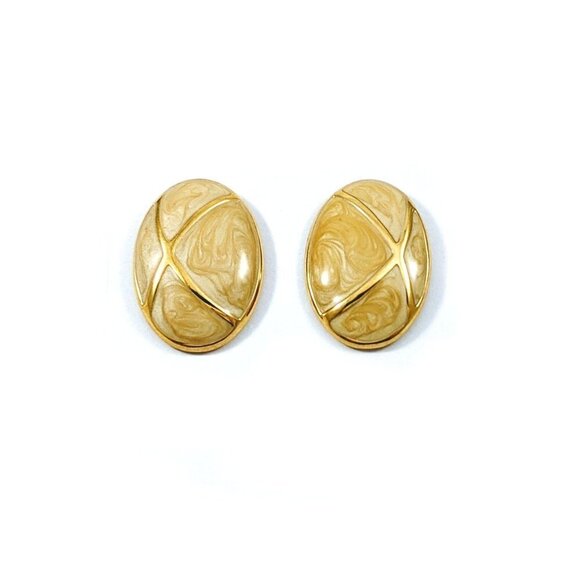 Vintage Napier Oval Beige Enamel Swirl Pierced Earrings - Picture 1 of 8